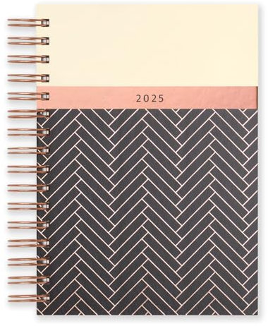 Matilda Myres Terminplaner 2025, A5, ein Tag pro Seite, rotgoldener Spiralbindung, Januar bis Dezember, fester Einband mit rotgoldenen Details, Fischgrätenmuster, Schwarz
