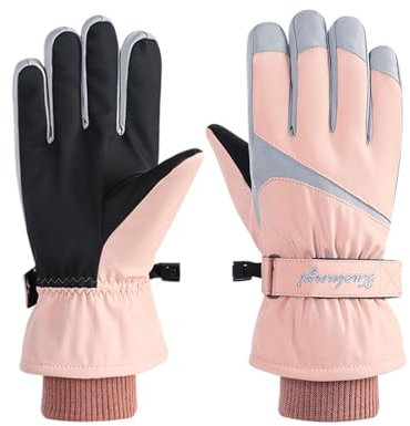Andiker Gants de ski, gants thermiques imperméables et coupe-vent, gants d'hiver antidérapants pour écran tactile avec boucle anti-perte pour le ski en plein air (rose, taille unique)