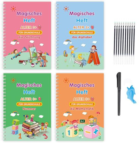 Deutsch Magisches Grooved Übungsheft, 4 Stück Magische Übungshefte mit Stiften und Griff Wiederverwendbare Zauberhefte für Kinder, Arbeitshefte für Kinder Kalligraphie, Mathematik, Zeichnung