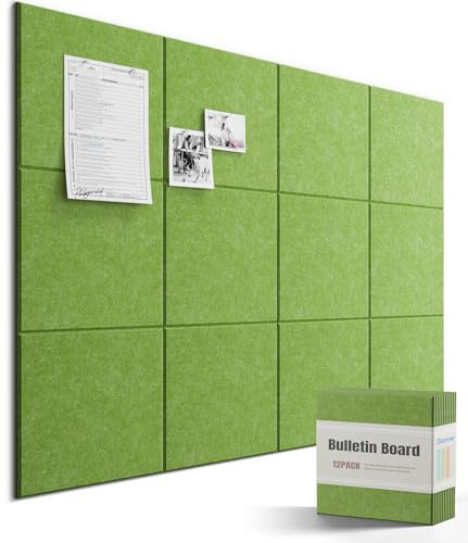 Bounmer Große Pinnwand, 121,9 x 91,4 cm, Filz-Wandfliesen mit 60 sicheren, abnehmbaren Klebestreifen und 30 Pinnnadeln, Korktafel für Büro, Schule, Grün, 12 Stück