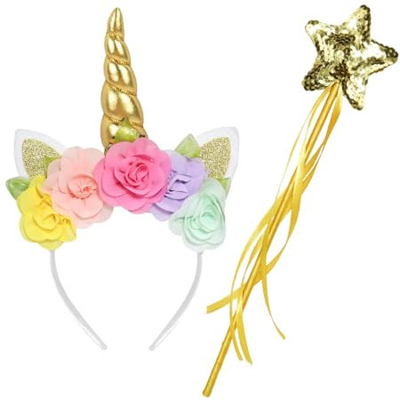 ROSAUI Einhorn Haarreif und Zauberstab, Goldenes Einhorn-Stirnband und Glitzer Zauberstab, Einhorn Kostüm Accessoire für Damen, Einhornkostüm Haarschmuck Accessoire Halloween, Weihnachten, Karneval