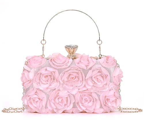 EVEOUT Pochette a Fiori in Raso per Donne Elegante Borsa da Sposa con Fiori di Rosa Clutch da Sera Borsa a tracolla per Festa Matrimonio Ballo