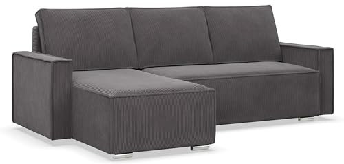 Mebligo - Ecksofa mit Schlaffunktion und Bettkasten NOTO, Cord Sofa L Form 231 cm Breit, Eckcouch Cord mit Schlaffunktion, Bonellfederkern, Universal Sofa Dunkelgrau