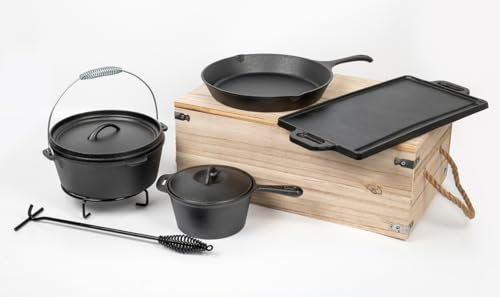 KOCHMANN® 7-teiliges Dutch Oven BBQ Set – aus massivem Gusseisen Feuertopf – Perfekt für Outdoor & Indoor Grill, Lagerfeuer & Küche - KEG08