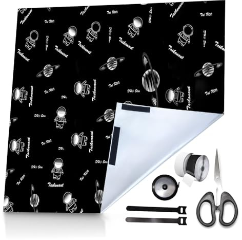 Fenster Verdunkelung Ohne Bohren Set,420D Oxford Verdunkelungsstoff mit Klett & Kabelbinder Schere Maßband,3m x 1,45m Schwarzes Raummuster Verdunkelungsrollo Fenster Sonnenschutz Sonnenschutzfolie