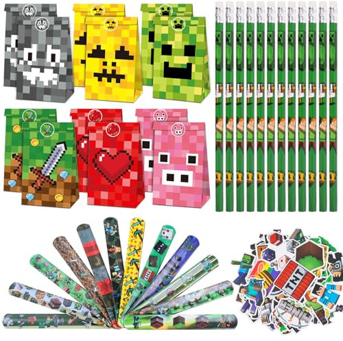 RNHDLY Pack of 86 Miner Video Game Party Bags, Pixel Party Bags Children with 12 Miner Pencils, 12 Video Game Gift Bags, 12 Game Bracelets and 50 Stickers, Gamer Theme Party Accessories