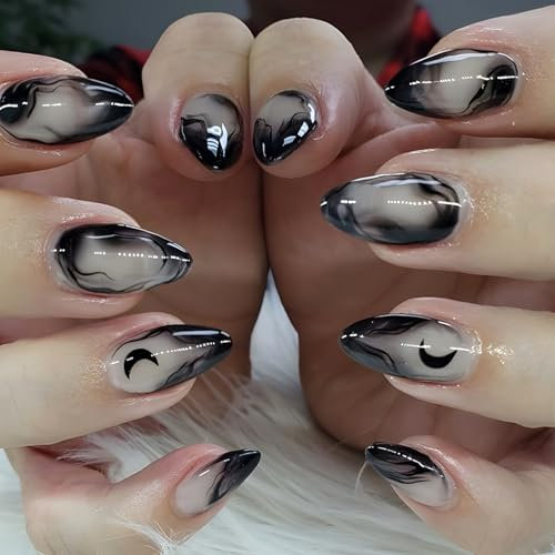 24 Pièces Amande Faux Ongles Moyen Brillant Press on Nails Français Acrylique Ongles à Coller avec Lune Noire Motif Couverture Complète Ongles Artificiels pour Femme et Fille DIY Manucure