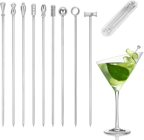 Diakey 18 Pack Metal Cocktail Picks 9 Styles, 304 Stainless Steel Toothpick for Drinks, Reusable Cocktail Skewers Garnish Sticks for Martini, Bloody Marry, Olive, Appetizer