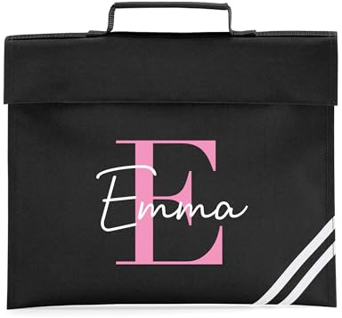 eBuyGB Personalised Book Bag with Name & Initial, Kids Back to School Bag, Unisex Nursery, Primary School Bookbag, Children's Name Music Folder (Black)