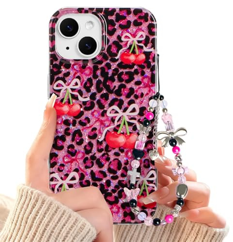 xoniery for iPhone 13 iPhone 14 Case with Cute Bowknot Cherry Leopard Pattern Aesthetic Case for Women Girl Soft TPU Shockproof Protective Glitter Shiny Phone Cover Girly + Chain - Hot Pink