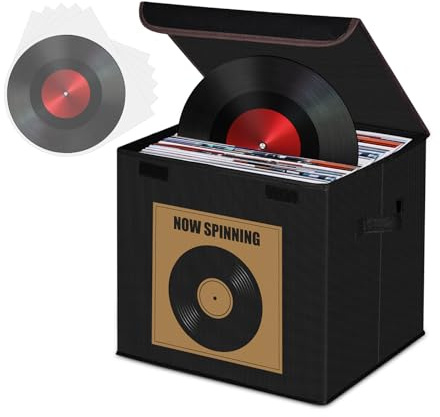 HEYCOOK Vinyl Record Storage Box, Stackable & Collapsible LP Storage Boxes Hold Up To 90 12-Inch Records, Sealed & Dust-Proof for Valuable Album Collection, 35.5 x 33 x 33 cm (Black with Brown Trim)
