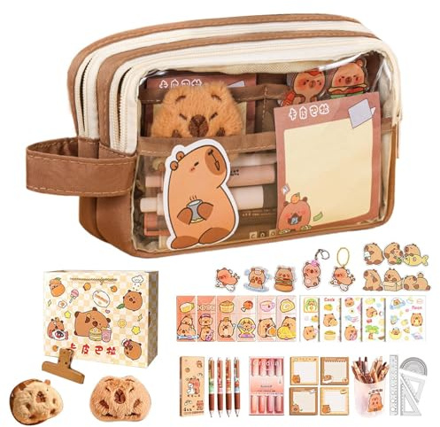 Capybara Pencil Case - Large Capacity Pen Bag with Stickers for School Supplies Home Kids | Cute Animal Stationery Organizer with Zipper Compartments for Teens Boys Girls Birthday Holiday Party Favor