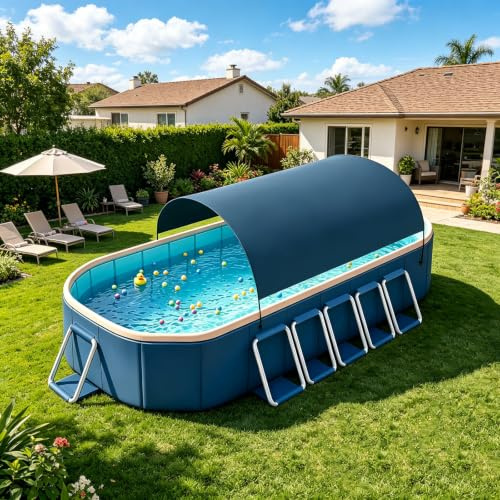 Piscinas Desmontables, Piscina Plegable con Toldo Parasol – No Hinchable, Estructura De Acero, Piscina Rectangular, Piscina para Perros para 1-10 Personas, Adultos & Mascotas – 365x250x50 Cm
