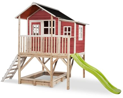 EXIT Toys Loft 550 Holzspielhaus für Draußen mit Anbau & Sandkasten - Wasserdichtes Gartenhaus aus Holz für Kinder - Einfache Montage - 100% FSC Zedernholz - 382x190x253cm - Rot