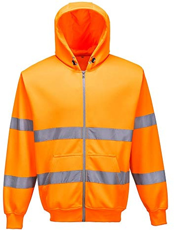 Portwest B305 Hi-Vis Zipped Hoodie Long Sleeve Hooded Front Zip Opening | Orange, X Large, EN ISO 20471 Class 3, RIS 3279-TOM, UPF 40+, Classic Fit, Knitted Fabric, 2 Side Pockets, Ribbed Hem, Rail