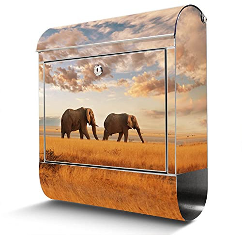 banjado® Briefkasten Edelstahl mit Motiv Elefanten 38x43x12cm & 2 Schlüssel - rostfreier Edelstahl Briefkasten mit Zeitungsfach - Postkasten A4 Einwurf inkl. Montagematerial