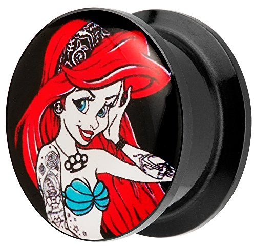 Piersando Ohr Plug Piercing Kunststoff Motiv Comic Picture Flesh Tunnel Ohrplug mit Tattoo Girl Arielle Schwarz Rot 18mm