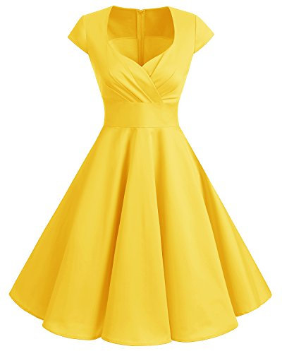 Bbonlinedress Robe Femme de Cocktail Vintage Rockabilly Robe plissée au Genou sans Manches col carré Rétro, Jaune, XL