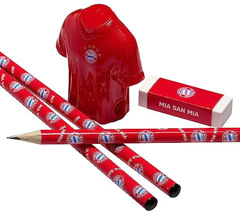FC Bayern München Bleistifte Set mit 3 Bleistiften, Radiergummi und Triktotspitzer 5-TLG. Schulset FCB - Plus gratis 1 x FCB Autogrammkarte unserer Wahl