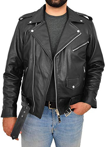 Echt Kuhfell Biker-Lederjacke Für Männer Mit Gürtel Beiläufig Brando Mantel Rock Schwarz (S - EU 46)