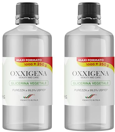 Oxxigena - Glicerina Vegetal Líquida Pura 99,5% (Glicerol) 2 Botellas de 1 L, Base Neutra Full VG, Ideal para Hidratar Piel, Cabello y Líquidos, Insípido e Inodoro, Pureza Farmacéutica