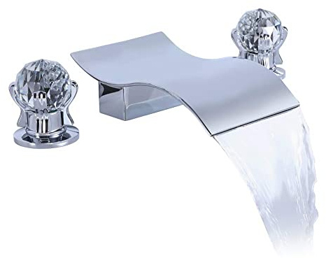 DEOLER Chrom Wasserfall Waschbecken Wasserhahn, Deck Mount Widespraed 8 Zoll 3 Loch Badewanne Eitelkeit Waschbecken Mischbatterie Moderne Wannenfüller Wasserhahn 2 Kristall Knöpfe Griff