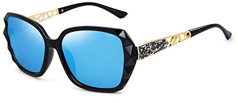 ANDOILT Lunettes de soleil Polarisées Surdimensionnées pour Femme Monture Composite étincelante Nuances Classiques pour Dames Monture Noir Verres Bleu