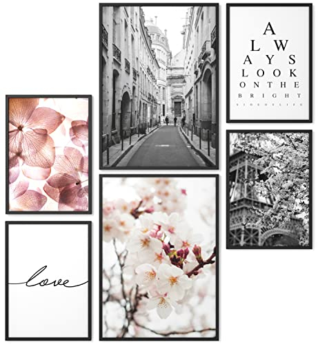 Papierschmiede® Mood Poster Set Frühling, Bilder Wohnzimmer Deko Schlafzimmer, 2x DIN A2 und 4x DIN A3, Blumen Paris Vintage Rosa - Wandposter ohne Rahmen