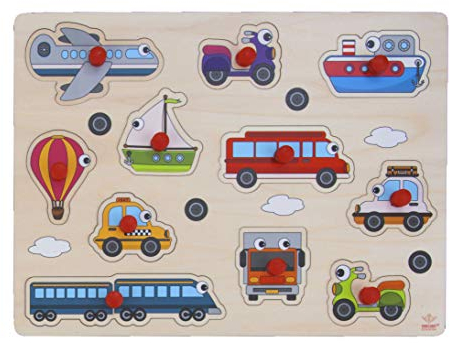 Engelhart - Hochwertiges Holzpuzzle mit Knopf für Kleinkinder - Verschiedene Designs, Holzspiele für Kinder und Babys ab 2 Jahren (Fahrzeug)