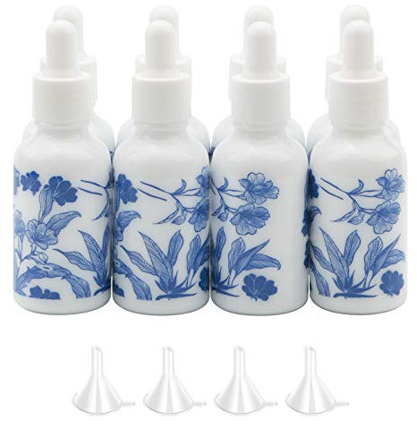 NewZoll 8 flaconi contagocce in ceramica da 30 ml, vuoti, per oli essenziali, liquidi cosmetici, con 4 imbuti