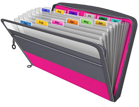 Expanding File Folder,Fun Storage Document Organiser Box Files,13 Pockets Zip Filing Folders,5 Colours,Accordian File Folder with Tabs,Expandable Documents Wallet Accordion File Organisers, Pink