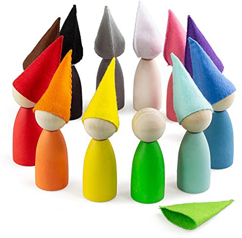 Ulanik Große Peg Puppen mit Hüte Montessori Spielzeug Holz Sorter Spiel 12 Gnomes 85 mm Alter 3 + Farbe Sortierung und Zählen Peg Puppen Vorschule Lernen Bildung
