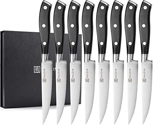 PAUDIN Steakmesser 8-teiliges Set, Hochwertige Deutsche Edelstahl Steakbesteck Extrem Scharf Gezackte Klinge, Kochmesser, Fleischmesser, Tafelmesser, Ergonomischem Design Griff