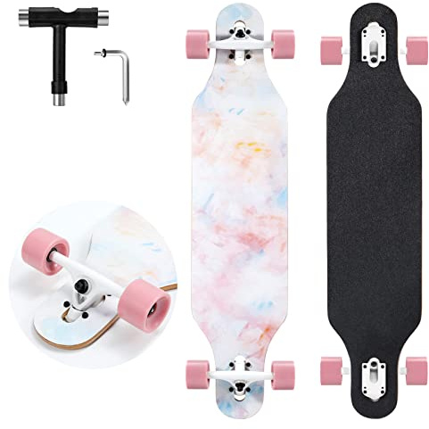TLHB Longboard-Skateboard, 104,4 cm, Longboard, komplett 9-lagig, Naturaple, Premium-Cruiser, langes Board für Erwachsene, Jugendliche und Kinder – Hochgeschwindigkeitslager & T-Tool-Pink