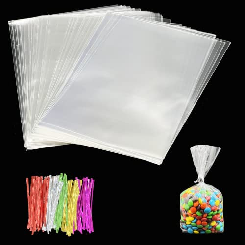 10x15cm Cellophantüten klar 100 Stück Süßigkeiten Tütchen Transparent Plastiktüten mit 100 Metallischen Bindebaender für Kindergeburtstag, Geschenke Giveway Bäckerei Snacks Keks