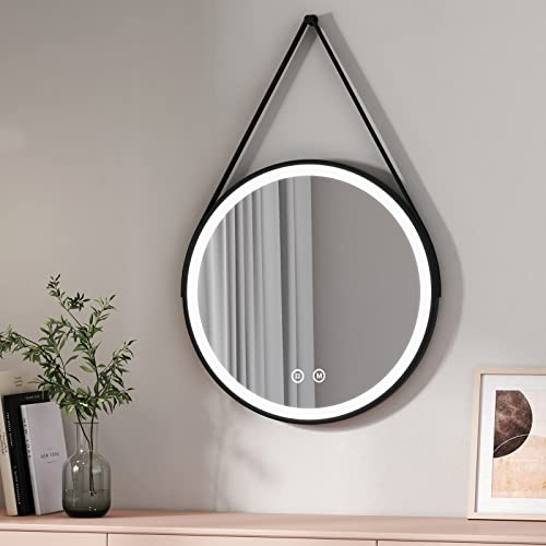 EMKE Miroir de Salle de Bain avec éclairage, Miroir de Salle de Bain LED Rond ф60cm avec Interrupteur Tactile + 3 Types de Feux Blanc Chaud/Blanc Froid/Neutre Cadre Noir