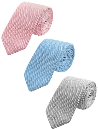 WANYING Cravate Fine en Tricot pour Homme 7 cm Style Rétro Sporty Décontracté Bureau Basique Pour Gentleman - 3 × Vieux Rose Gris Clair Bleu Clair