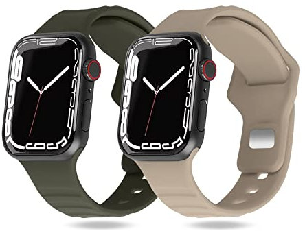 KOKOKA 2 Piezas Correas Compatible con Apple Watch Correa para iWatch 41mm 40mm 38mm, Correa Repuesto de Silicona Suave para Apple Watch Series Ultra 8 7 6 5 4 3 2 1 SE, Milk Tea/Army Green