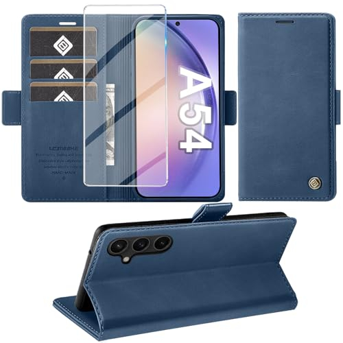 Handyhülle für Samsung Galaxy A54 5G Hülle mit Schutzfolie, Standfunktion Kartenfach Wallet Premium Leder Schutzhülle A54 5G Flip Case Cover Stoßfeste Klapphülle A54 5G 6.4 Zoll (blau)