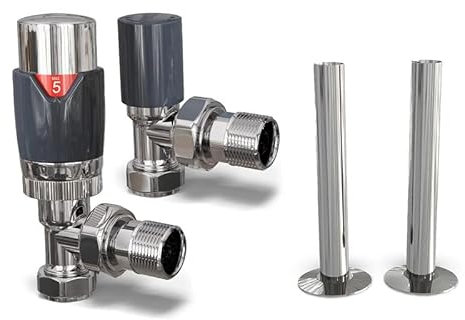 UK Radiators Anthracite Thermostatic Radiator Valves and Angled Lockshield Valve - Gloss Anthracite Finish - Modern Design 1/2 x 15mm Angled Radiator Valves with 130mm Pipe Covers