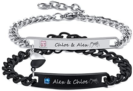 2PCS Bracelets Couple Amoureaux Personalisés - Bracelet Réglable en Cordon Tressé Acier Inoxydable Zircon Cristal Bracelet avec Gravure Bracelets d'Amitié (Personnalisé-Argent&Noir)