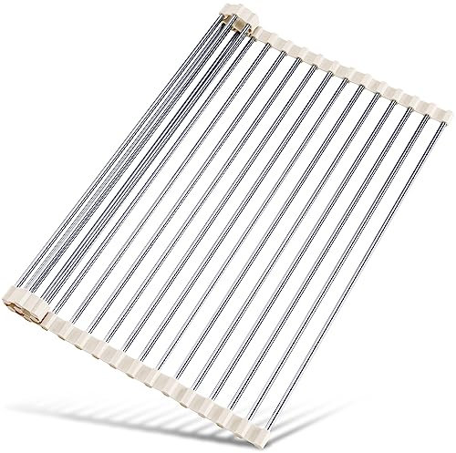 Tomorotec Escurridor de Platos Enrollable, para Colocar sobre el Fregadero, Accesorios para Fregadero de Cocina, Organizador Multiusos, escurridor Plegable de Acero Inoxidable 45x32 cm, Blanco