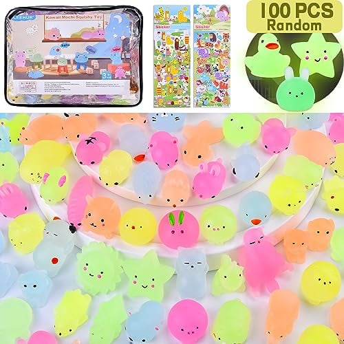 Squishy Kawaii Set 100 Stück Mochi Mini Squeeze Spielzeug Squishies Mesh Ball Anti Stress Spielzeug Party Geschenke Dekoration für Jungen und Mädchen, Leuchtend Squeeze(Zufälliger Stil und Farbe