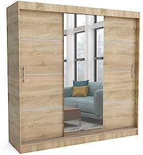 Brent - Kleiderschrank mit Spiegel 200cm Breit Windsor Tomy I Schlafzimmerschrank mit Stangen und Einlegeböden für Kleidung I Kleiderschrank Sonoma Eiche