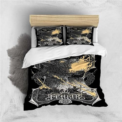 Bettwäsche 155x220cm Wikinger Wolf Fenrir Bettwäsche Set Viking Keltischer Knoten Rune Schlafzimmer Dekor Bettbezug Set 3 Teilig Mikrofase Luxus Modern Mit Reißverschluss + 2 Kissenbezug 80x80cm