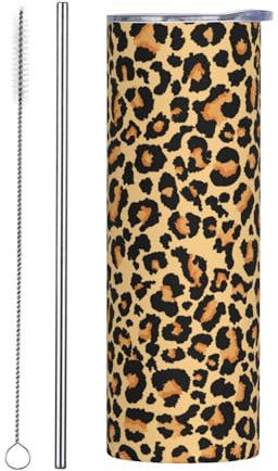 Kaireno 20oz Leopard Tumbler with Lid and Straw Animal Skin Pattern Skinny Stainless Steel Tumblers Insulated Coffee Travel Mug Cups Water Bottle Gift for Women Leopard Lovers