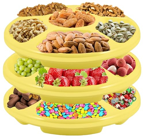 HOMESHOPA Plastic Compartment Trays, 3 Pack Lightweight Reusable Serving Platters for Parties, Compartment Appetizer Platter, Round Divided 6 Section Food Catering Trays for Snacks Fruits Nuts, Yellow