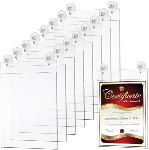Suzile 8 Pcs Window Sign Holder Suction Cups, Acrylic Door Sign Holder | 8.5 x 11 Inch, Clear Hanging, Certificate Menu Display, No Drilling, Glass Surface Office School Store Restaurant
