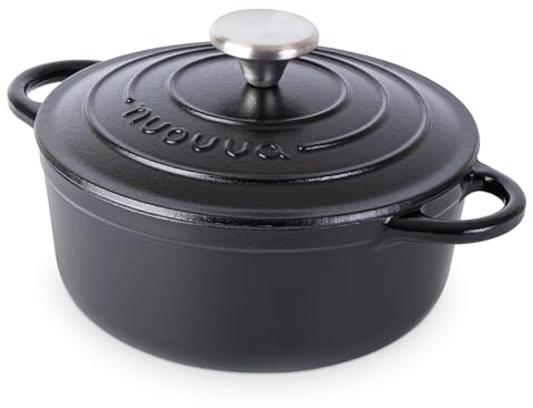 Cast Iron Dutch Oven with Lid – Non-Stick Ovenproof Enamelled Casserole Pot – Sturdy Dutch Oven Cookware – Black, 2.1-Quart, 20cm – by Nuovva