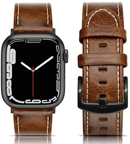 Tuocal Genuine Leather Strap Compatible with Apple Watch 42mm (Series 3/2/1) 44mm 45mm 46mm for Men Women, Vintage Leather Straps Compatible with Apple Watch Series 10 9 8 7 6 5 4 3 2 8 SE